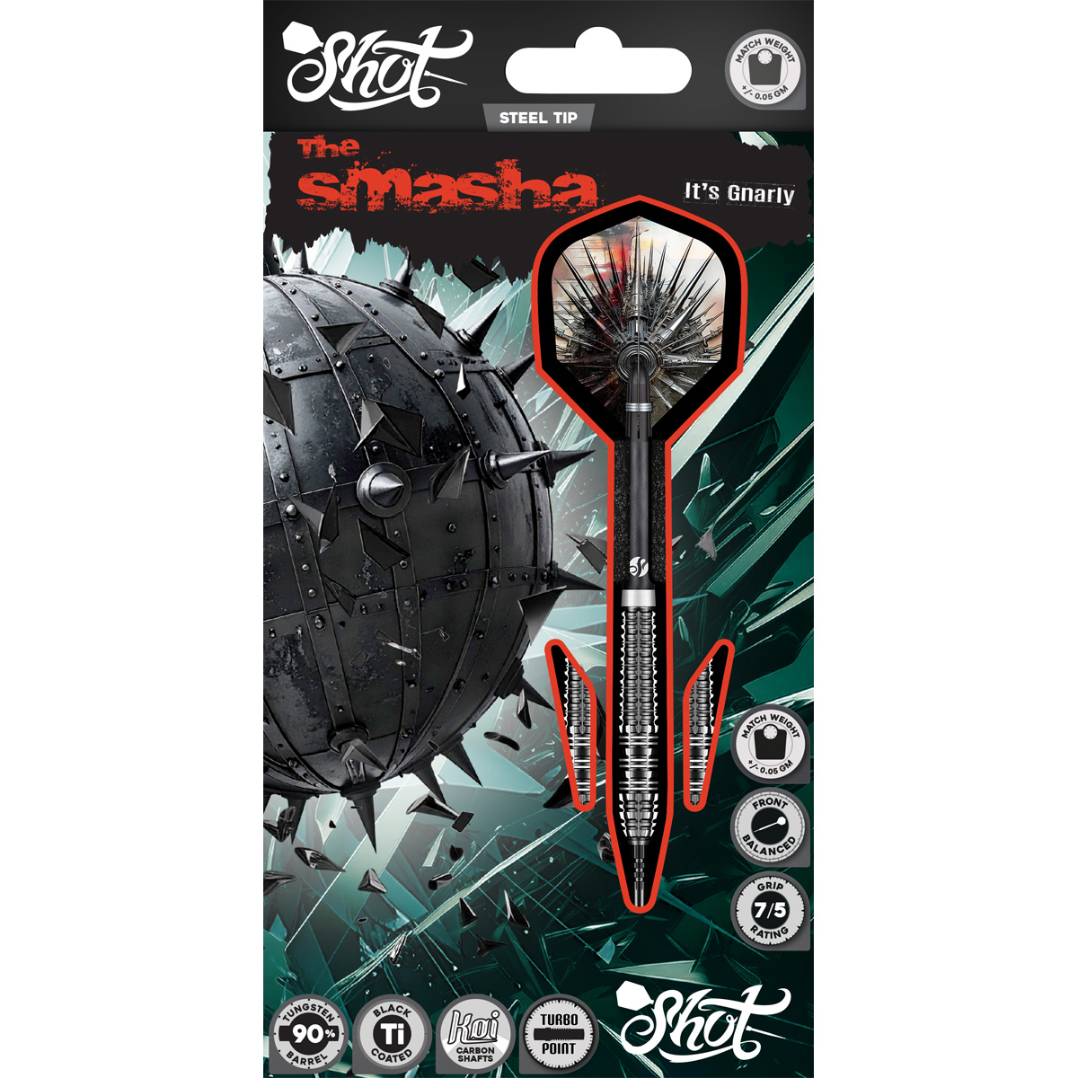 Shot Gnarly Smasha TP 90% Steeltip Darts – Extreme grip met voorwaartse balans De Shot Gnarly Smasha TP 90% Steeltip darts maken deel uit van Shot's Gnarly-serie, ontwikkeld voor spelers die maximale houvast en een agressief gripgevoel eisen. De Smasha is ontwikkeld op basis van directe feedback van spelers en combineert een compacte, front-weighted barrel met zwaar machinaal bewerkte gripzones. Dit zorgt voor sterke tactiele feedback, betrouwbare controle en een krachtige, directe worp. De Smasha is vervaardigd uit 90% tungsten en verkrijgbaar in 23 g, 24 g en 25 g. De 23 g barrel is 46 mm lang en 7,5 mm breed, de 24 g uitvoering meet 47 mm x 7,6 mm en de 25 g uitvoering 49 mm x 7,6 mm. Het korte, front-weighted profiel concentreert het gewicht richting de punt. Hierdoor ontstaat een compacte dart die bijzonder geschikt is voor spelers die de voorkeur geven aan een duidelijke voorwaartse balans. De barrel beschikt over een extreme gripstructuur met meerdere zones, bestaande uit diepe radiale groeven, agressief machinaal bewerkte kanalen, scherpe randen en herhaalde contactpunten over de volledige barrel. Iedere sectie heeft een duidelijk herkenbaar gripgevoel, waardoor spelers eenvoudig een consistente grippositie kunnen vinden en tijdens de volledige worp een stevige houvast behouden. De Black Titanium-afwerking met zichtbare, nauwkeurig machinaal bewerkte details geeft de Smasha een krachtige en compromisloze uitstraling. Het verwisselbare Shot Turbo Point System maakt de set compleet. Hiermee kan de puntconfiguratie worden vervangen of aangepast aan de persoonlijke voorkeur van de speler. Belangrijkste kenmerken Gewichten: 23 g, 24 g en 25 g Materiaal: 90% tungsten Balans: Front-weighted / voorwaarts gebalanceerd Grip: Extreme grip met meerdere zones, diepe groeven en agressieve contactpunten Afmetingen 23 g barrel: 46 mm x 7,5 mm Afmetingen 24 g barrel: 47 mm x 7,6 mm Afmetingen 25 g barrel: 49 mm x 7,6 mm Afwerking: Black Titanium met zichtbare machinaal bewerkte details Puntensysteem: Shot Turbo Point System Met zijn compacte front-weighted profiel, agressieve gripstructuur en hoogwaardige 90% tungsten constructie is de Shot Gnarly Smasha TP 90% ontwikkeld voor spelers die extreme houvast, sterke tactiele feedback en zelfverzekerde controle willen.